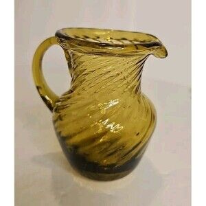 Vintage Hand Blown Amber Swirl Glass Pitcher Vase 4" Tall